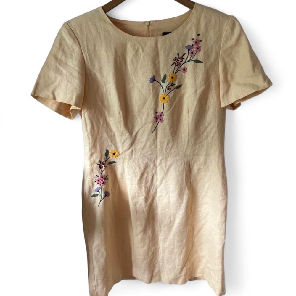John Roberts Cream Linen Embroidered Floral Sheath Dress Large 12 14